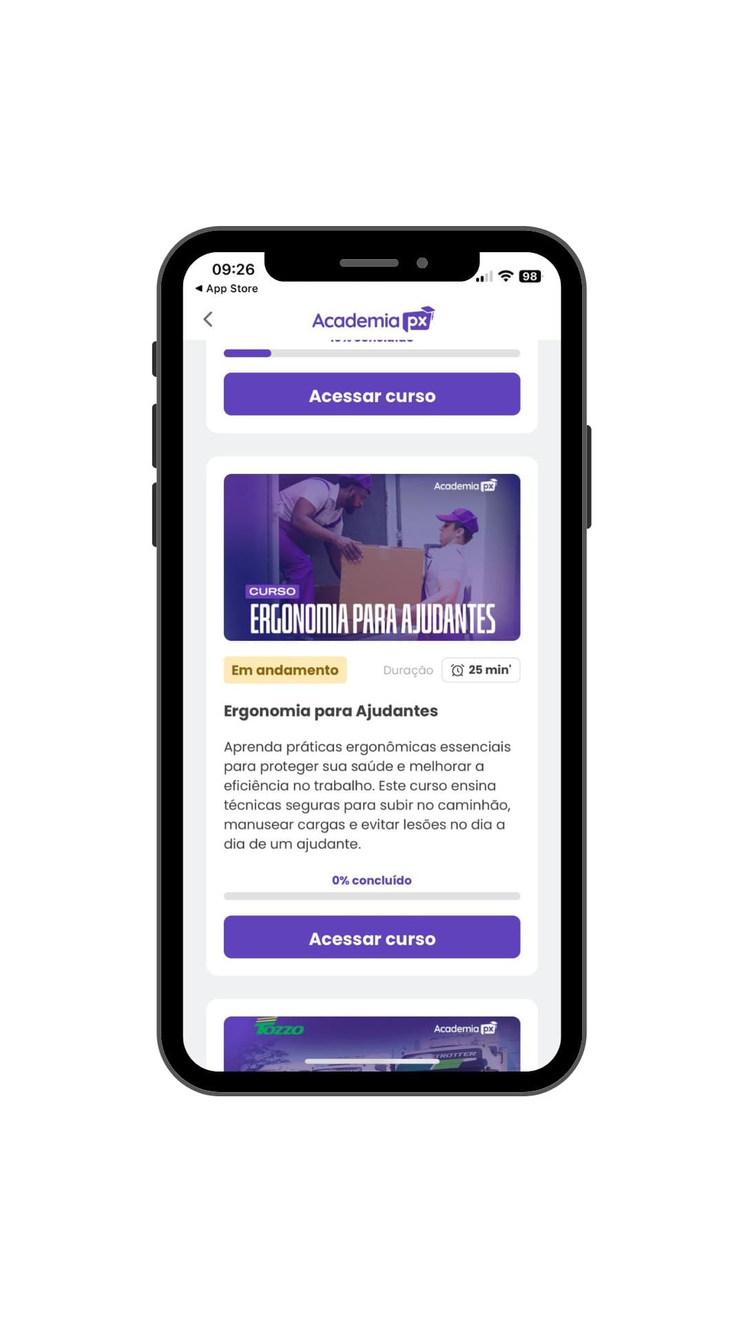 Academia PX — Mobile App View